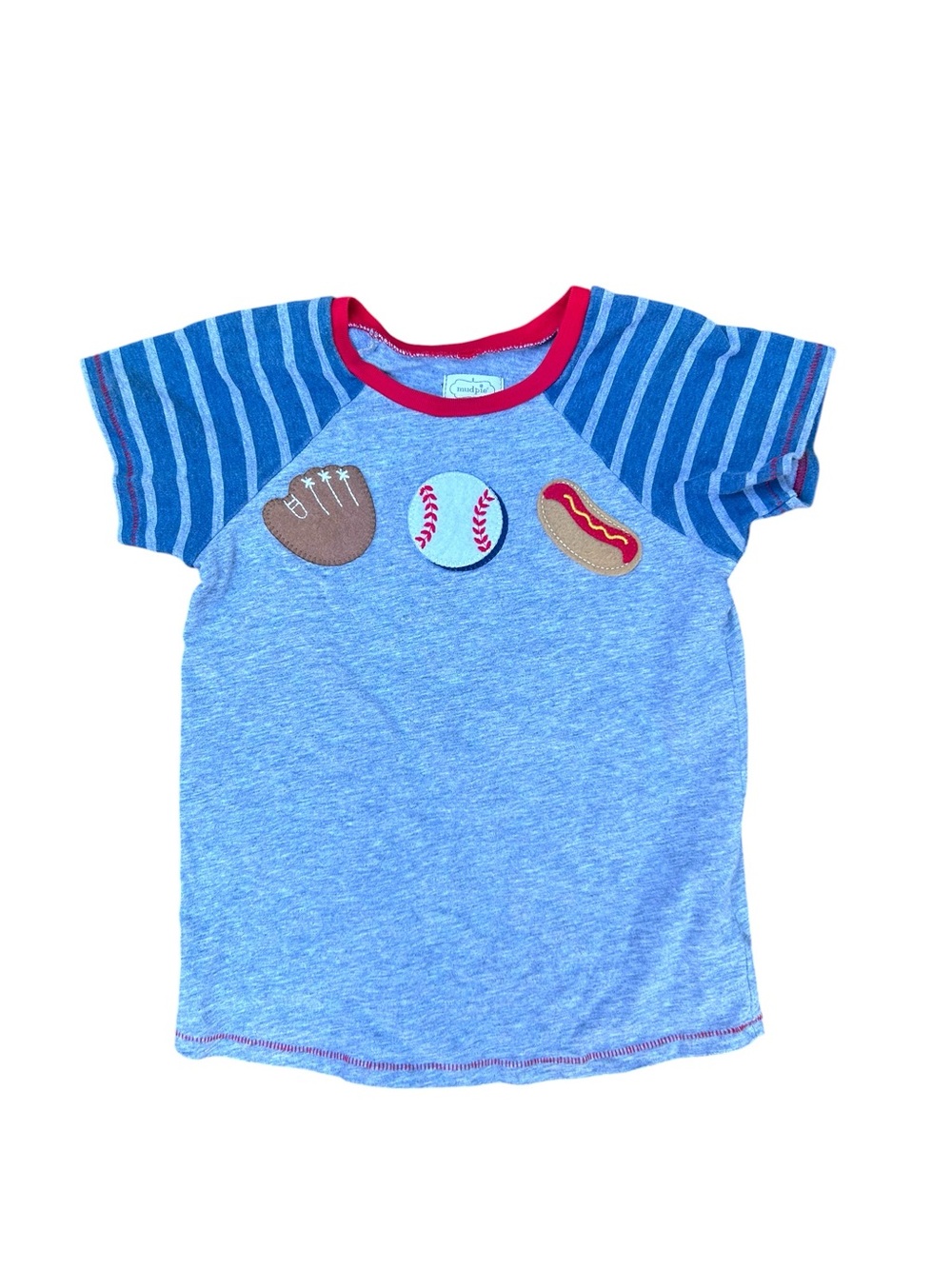 Mud Pie Gray Baseball T-Shirt Ball Glove Hot Dog Mitt Appliqué 4T/5T Americana